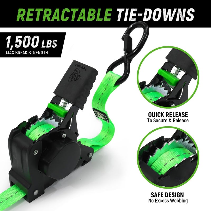 Tow-max Retractable Ratchet Straps(4 Pack) - 1in x 10ft Self Retracting Ratchet Straps with Soft Loops, 1,500 lbs Break Strength Retractable Tie Down Straps, Easy Retract for Motorcyle, Cargo, Truck, Trailer - Image 2
